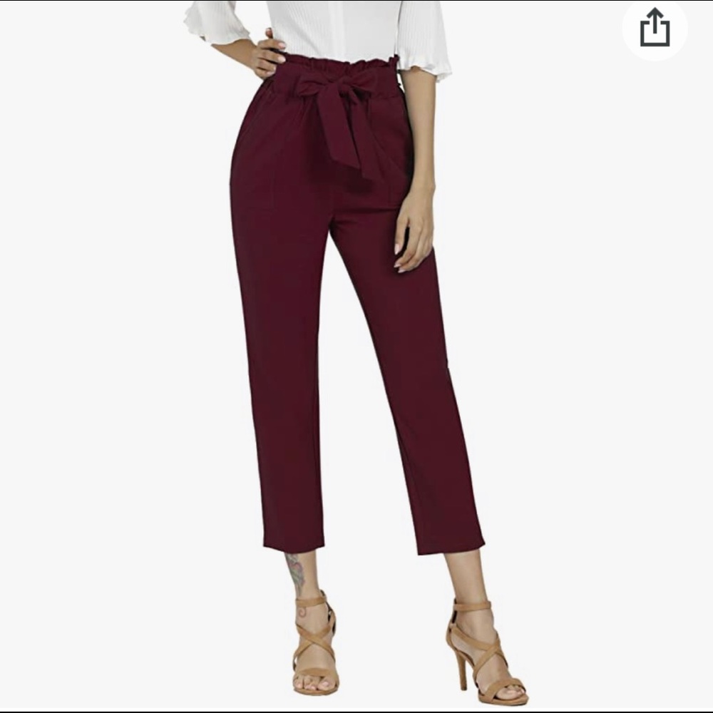 Wine red Paper Bag Pants With Pockets